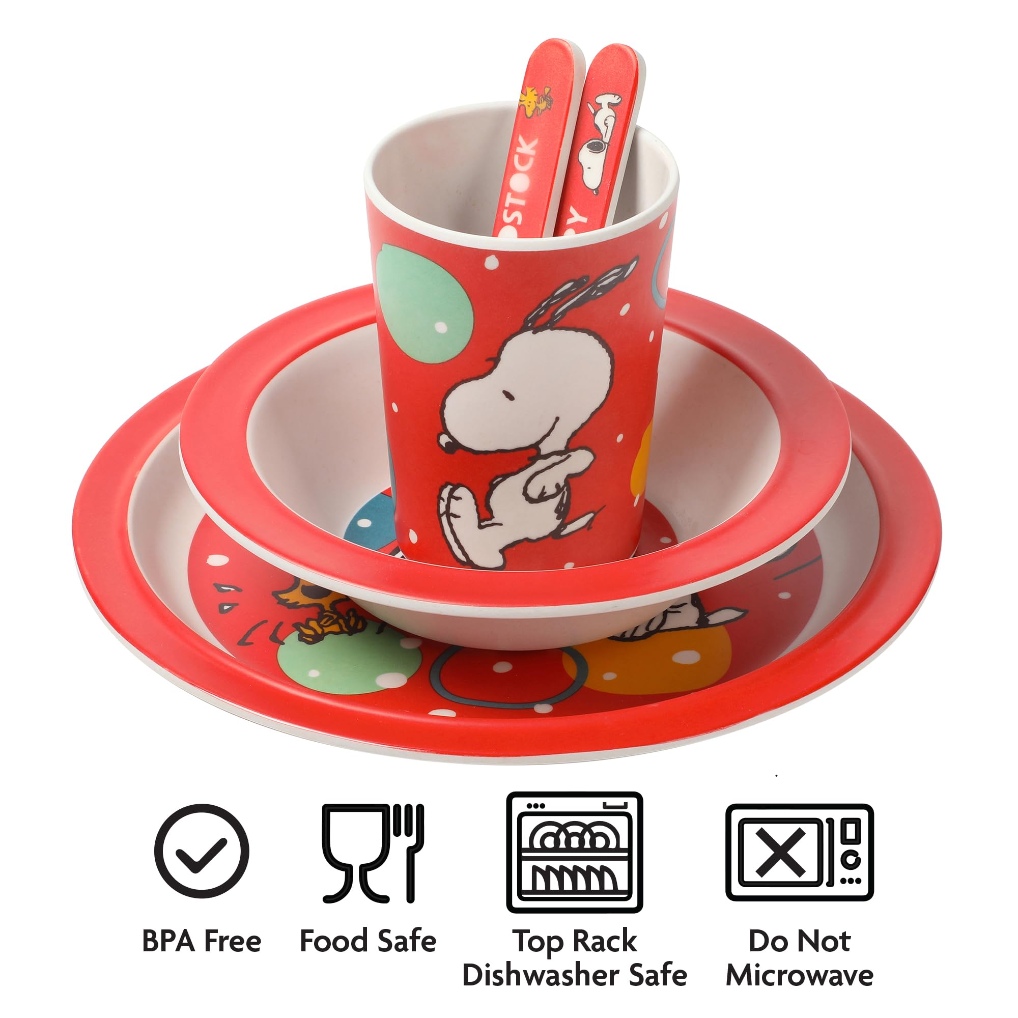 Peanuts Snoopy Fun Times 5-Piece Bamboo Melamine Dinnerware Set For Kids - Red