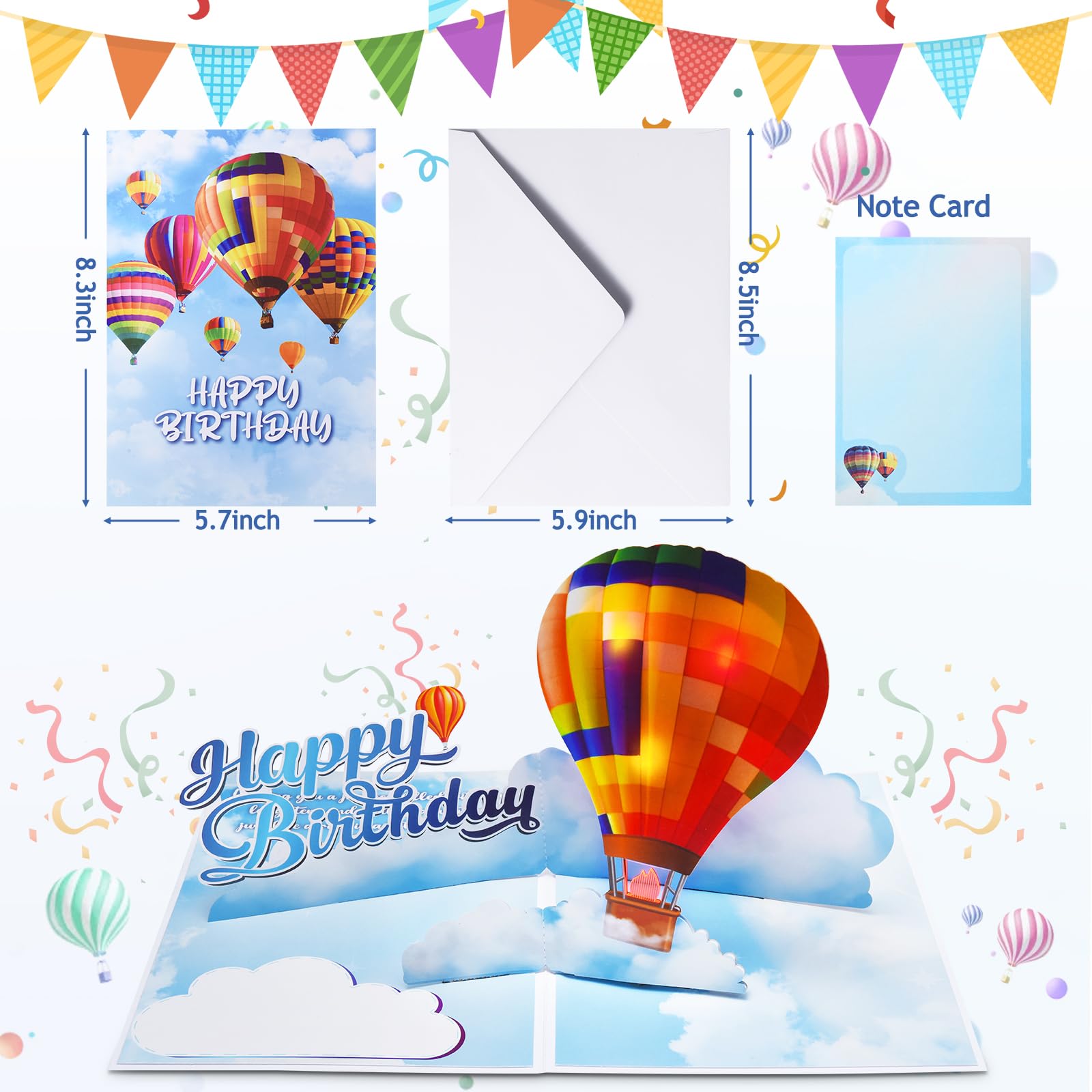 VIVIKEN 3D Musical Birthday Card, Luminous Hot-Air Balloon Pop Up Birthday Cards with Light, Romantic Popup Greeting Card for Women, Play Happy Birthday Music for Kids, Men, Mom, Dad, Grandma, Husband