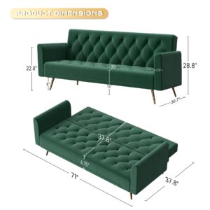 DAMAIFROM 71" Velvet Futon Sofa Bed, Modern Convertible Sleeper Sofa Loveseat, Tufted Futon Couch with Metal Legs for Small Living Room Office Bedroom, Green