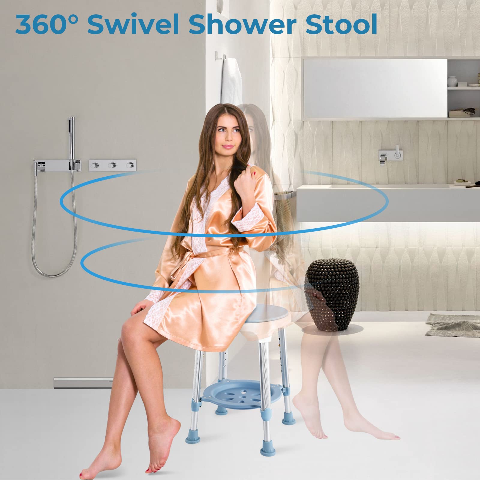 KSITEX Shower Chair Stool for Inside Shower, Small Corner Plastic Stool for Shower 300 Lb,360° Swivel Bath Shower Seat for Seniors Adults Sitting, Adjustable Bathtub Stool with Storage Tray