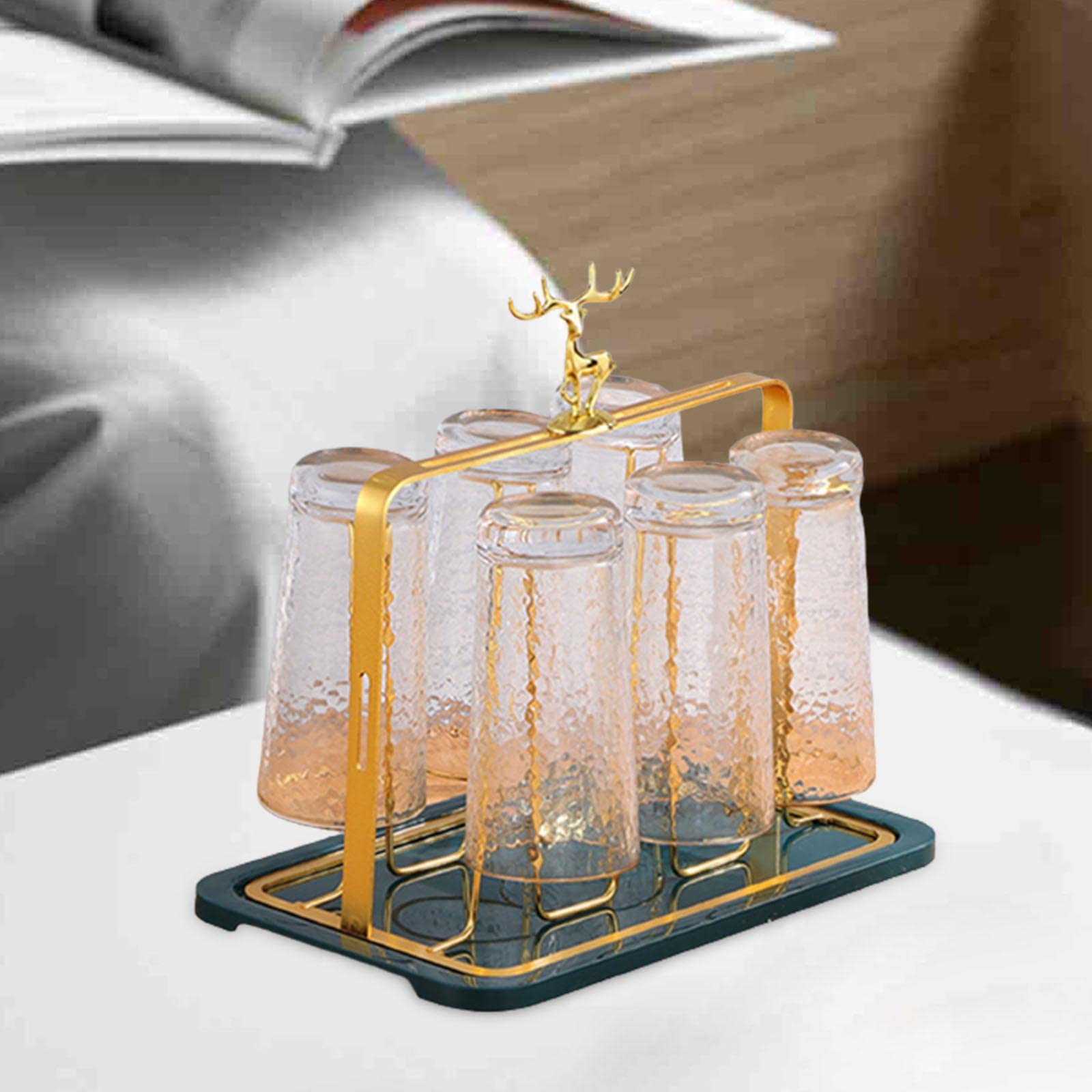 IEUDNS Glass Cup Drying Rack Sports Bottle Drainer Stand Non Slip with Drain Tray 6 Cup Metal Drainer Holder Rack for Drinking Glass Kitchen Home