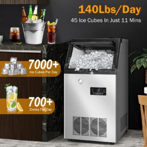 Commercial Ice Maker Machine, 140Lbs/24 with 2 Water Inlet Modes, 45Pcs Ice Cubes 8 Mins, 15" Stainless Steel Under Counter/Freestanding Ice Machine with 35Lbs Storage Bin for Home/Shop/Office/Bar