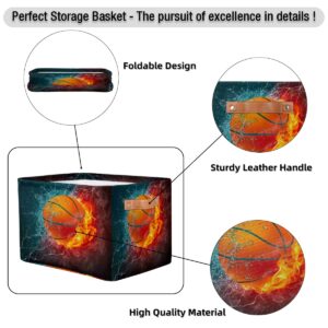 Firey Basketball Storage Basket Cube Sport Ball Large Toys Storage Box Bin with Handle Collapsible Closet Shelf Cloth Organizer for Nursery Bedroom,15x11x9.5 in,1 Pack