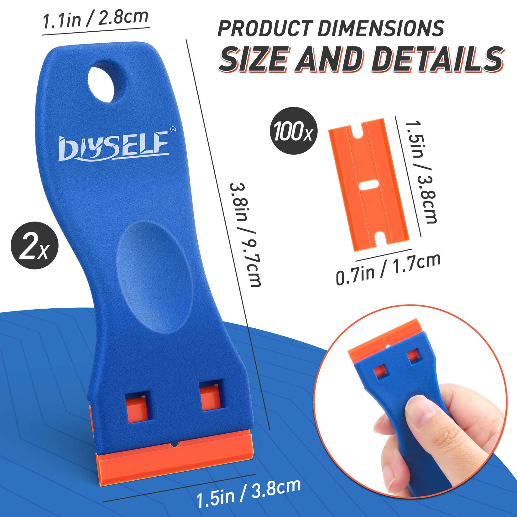 DIYSELF 2 Pack Plastic Razor Blade Scraper, Extra 100Pcs Plastic Razor Blades Refills, Plastic Scraper Tool, Razor Scraper Tool, Blade Scraper Tool for Removing Vinyl, Decals, Stickers, Labels, Glue