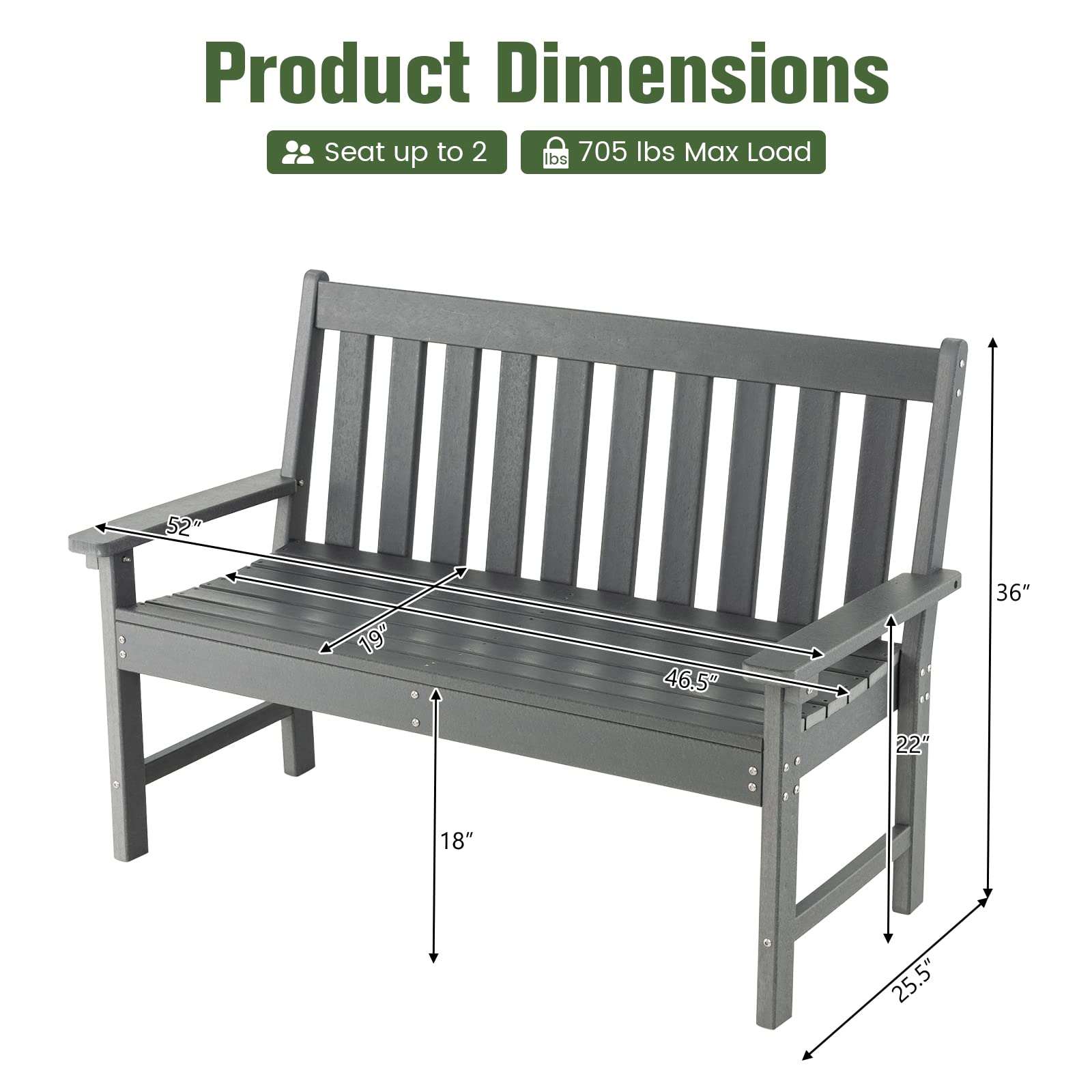 Tangkula 2-Person Outdoor Garden Park Bench, All-Weather HDPE Patio Loveseat Chair with Cozy Backrest, Ergonomic Loveseat Bench for Backyard, Poolside, Front Porch, 705 lbs Max Load