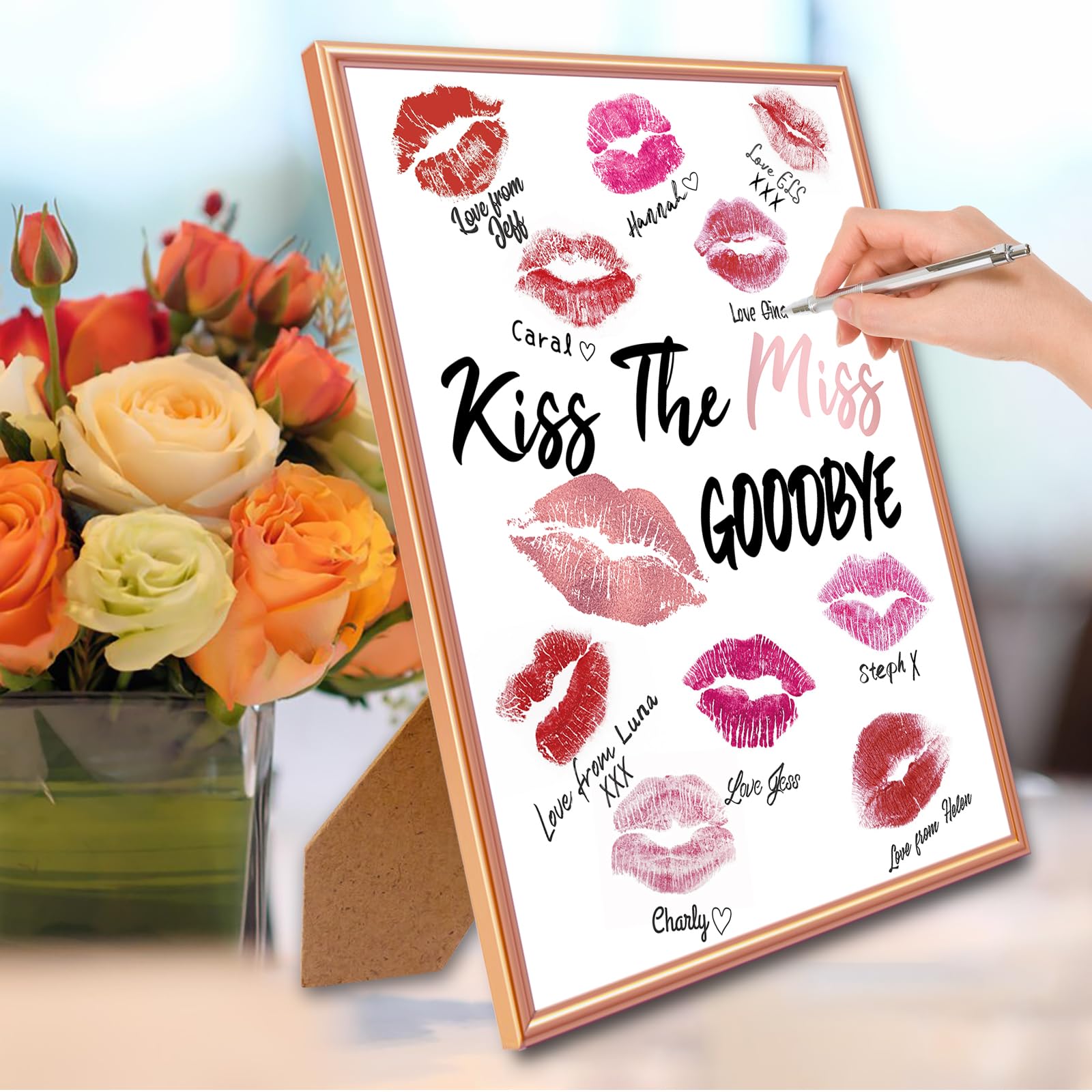 Y_Bong Bachelorette Party Decorations - Framed Kiss The Miss Goodbye Party Decor - 12''X16'' Rose Gold Bridal Shower Centerpiece Hen Night Games Party Supplies Gift