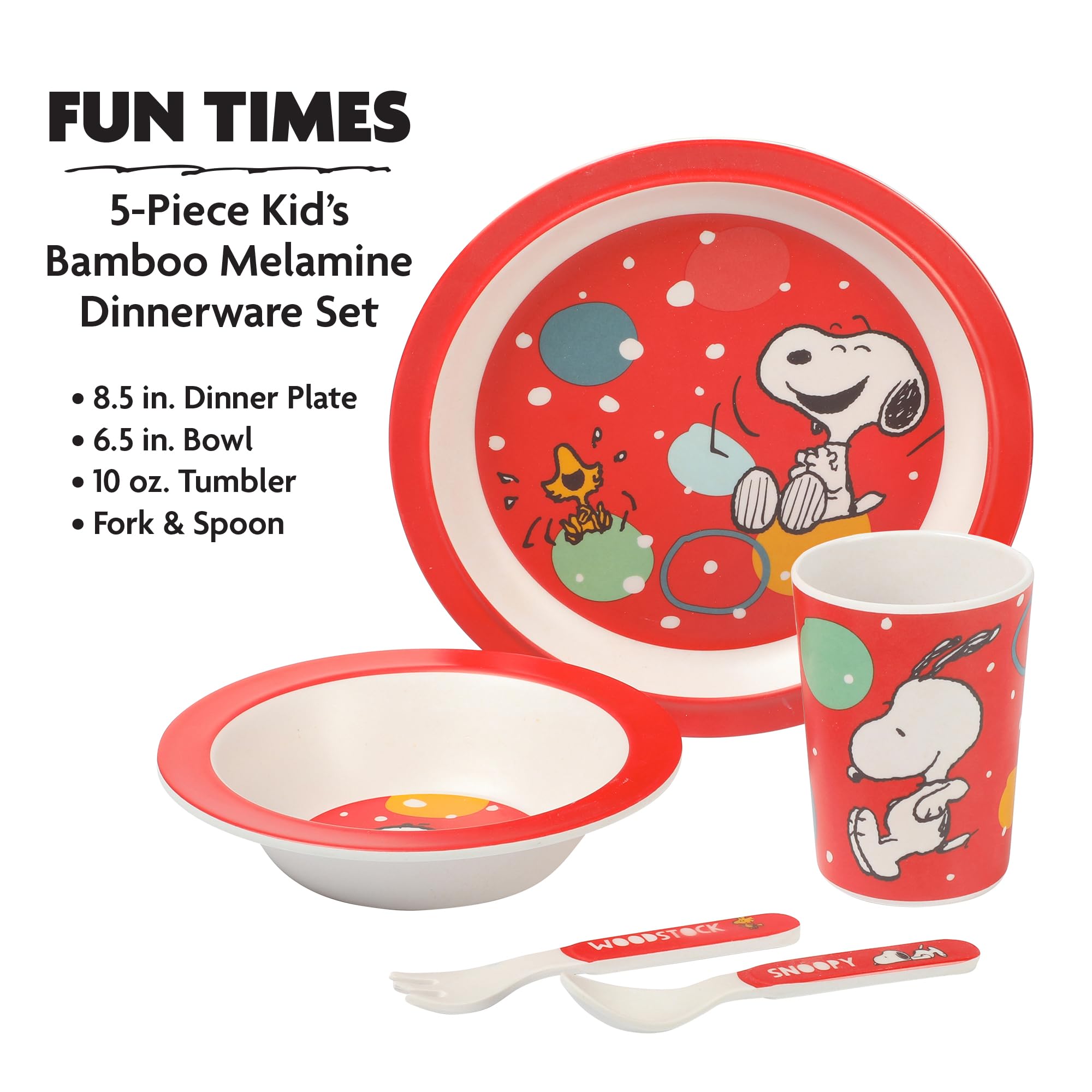 Peanuts Snoopy Fun Times 5-Piece Bamboo Melamine Dinnerware Set For Kids - Red