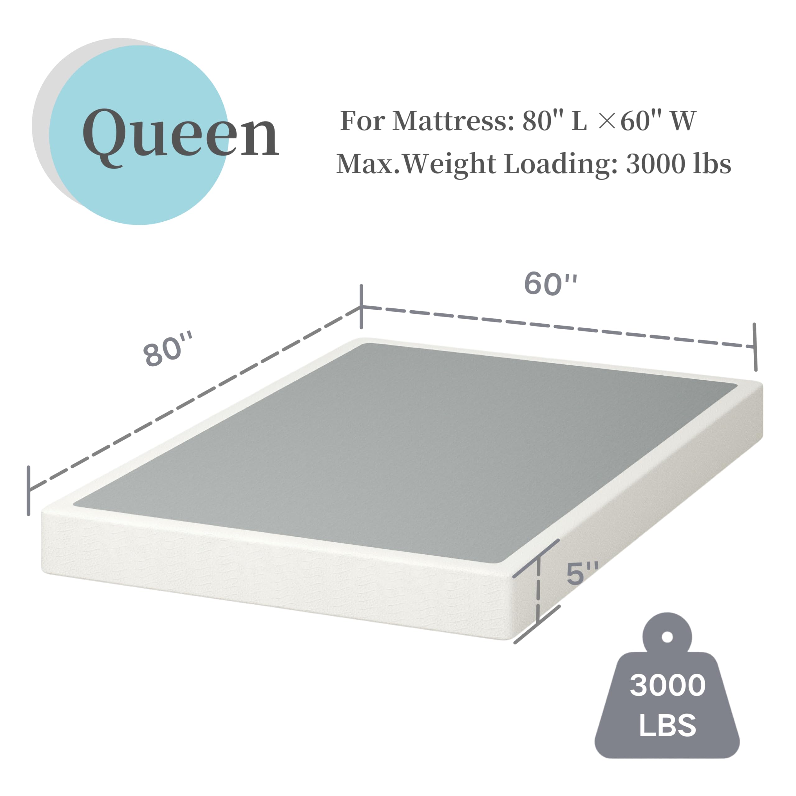 Aardhen Queen Box Spring 5 Inch High Profile Strong Metal Frame Mattress Foundation, Quiet Noise-Free,Easy Assembly, 3000lbs Max Weight Capacity