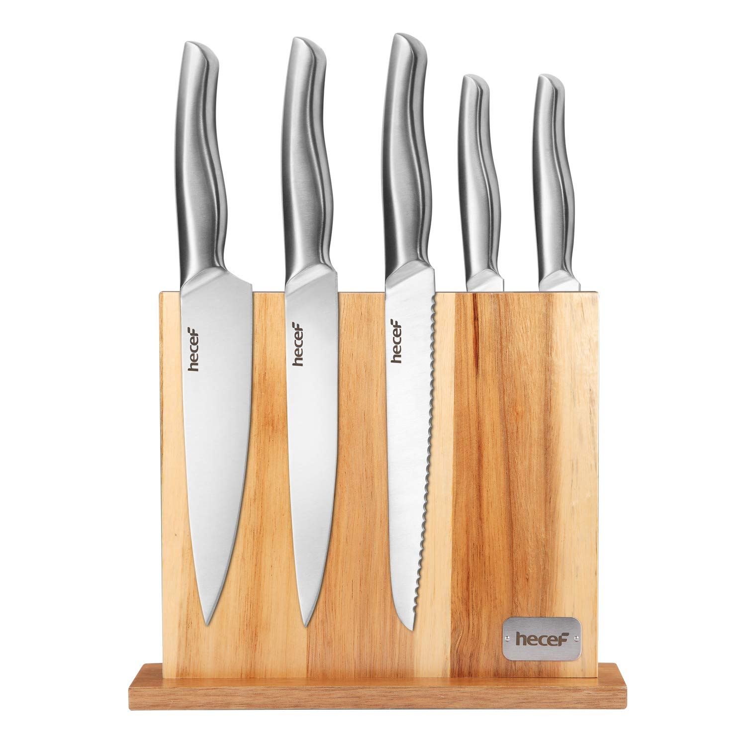 Hecef 6 Piece Kitchen Knife Block Set,All Metal Construction Hollow Handle Tapper Ground Knives & Double Sided Magnet Wood Knife Block