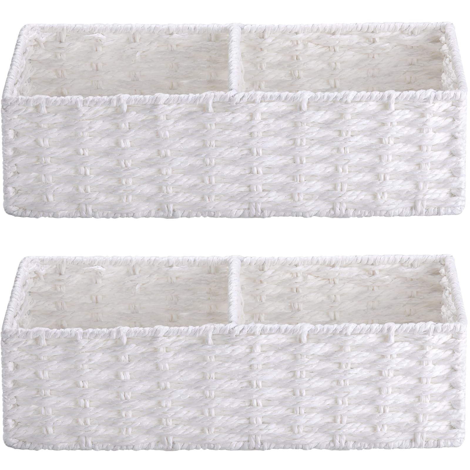 Vagusicc 2-Section Wicker Storage Basket, Hand-Woven Paper Rope Wicker Baskets, Toilet Paper Basket for Toilet Tank Top, Baskets for Organizing, 2-Pack, White