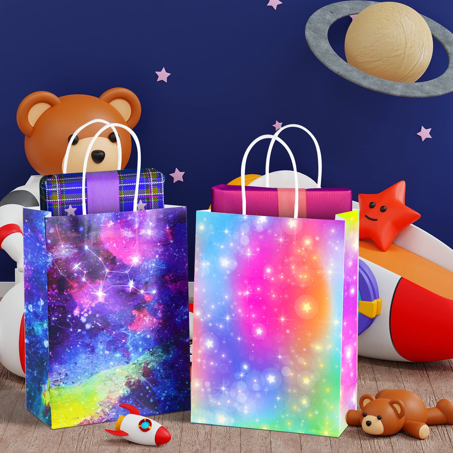 GITMIWS 24 Pack Galaxy Gift Bags with Tissues - 8.7'' Small Galaxy Party Favor Bags with handles, Paper Goodie Treat Bags for Kids Birthday, Baby Shower Galaxy Party Supplies