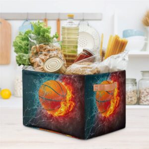 Firey Basketball Storage Basket Cube Sport Ball Large Toys Storage Box Bin with Handle Collapsible Closet Shelf Cloth Organizer for Nursery Bedroom,15x11x9.5 in,1 Pack