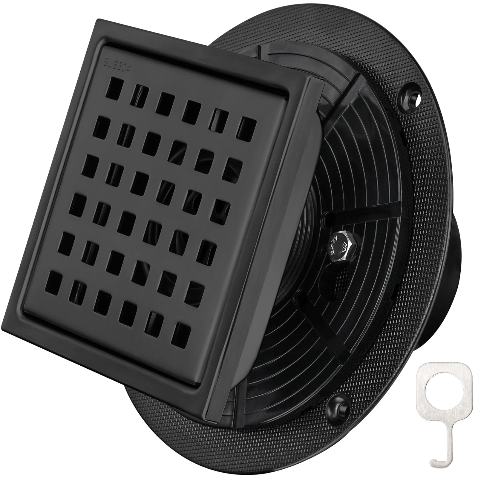 TICONN 4.33'' Square Floor Shower Drain, Lattice Square Perforated Pattern Easy Cleaning Removable Grate, Rustproof SUS 304 Stainless Steel (Matte Black, 4.33'')