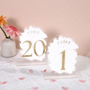 UNIQOOO White Painted Arch Wedding Table Numbers with Stands 1-20, Gold Foil Printed 5x7 Acrylic Signs and Holders, Perfect for Centerpiece, Reception, Decoration, Party, Anniversary, Event