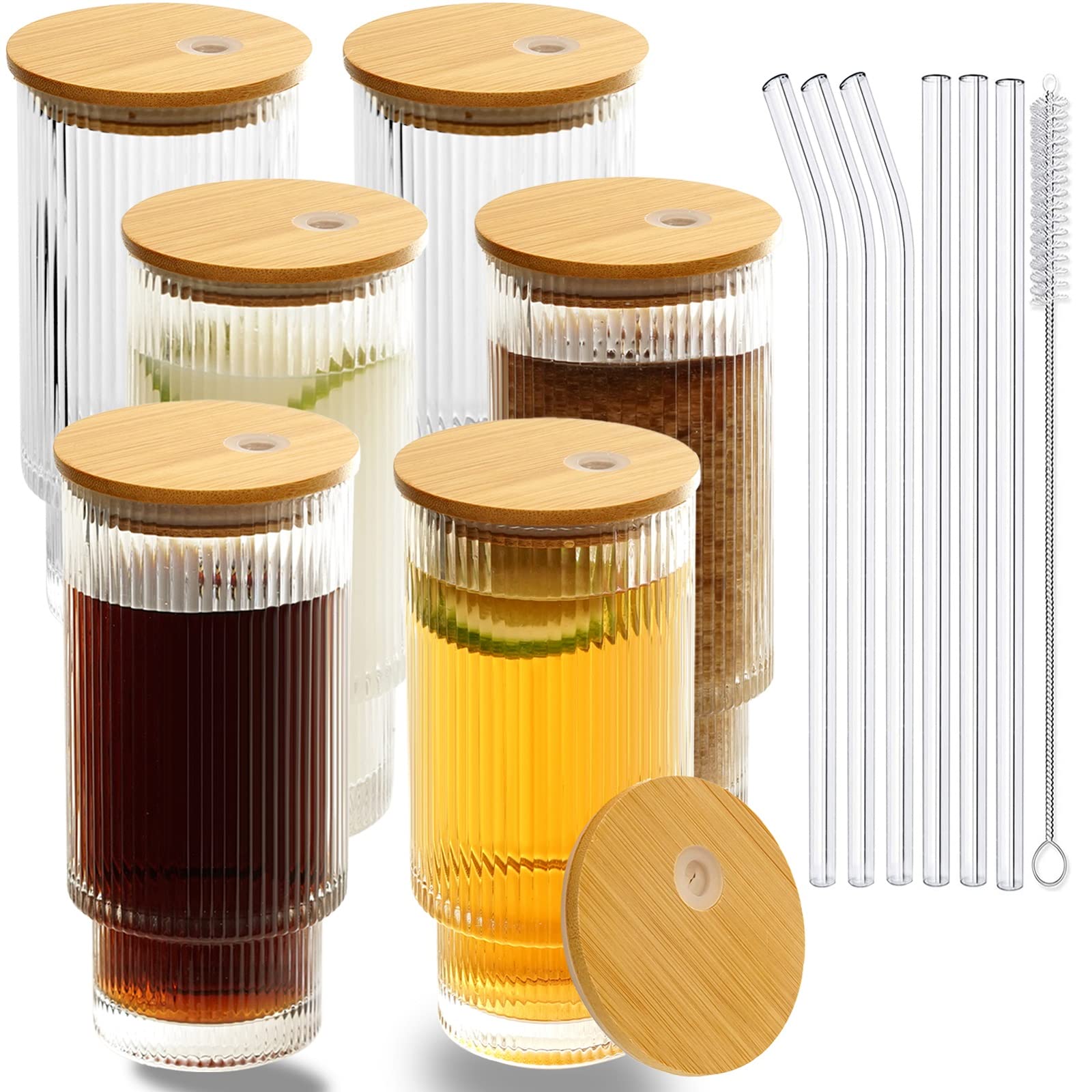 CAYOREPO 6 Pcs Set 16oz Ribbed Drinking Glasses with Bamboo Lids and Straws, Ribbed Glass Cups, Stackable Glasses, Vintage Water Glasses for Juice, Beer, Coffee, Tea and Cocktail (Clear (6Pcs))