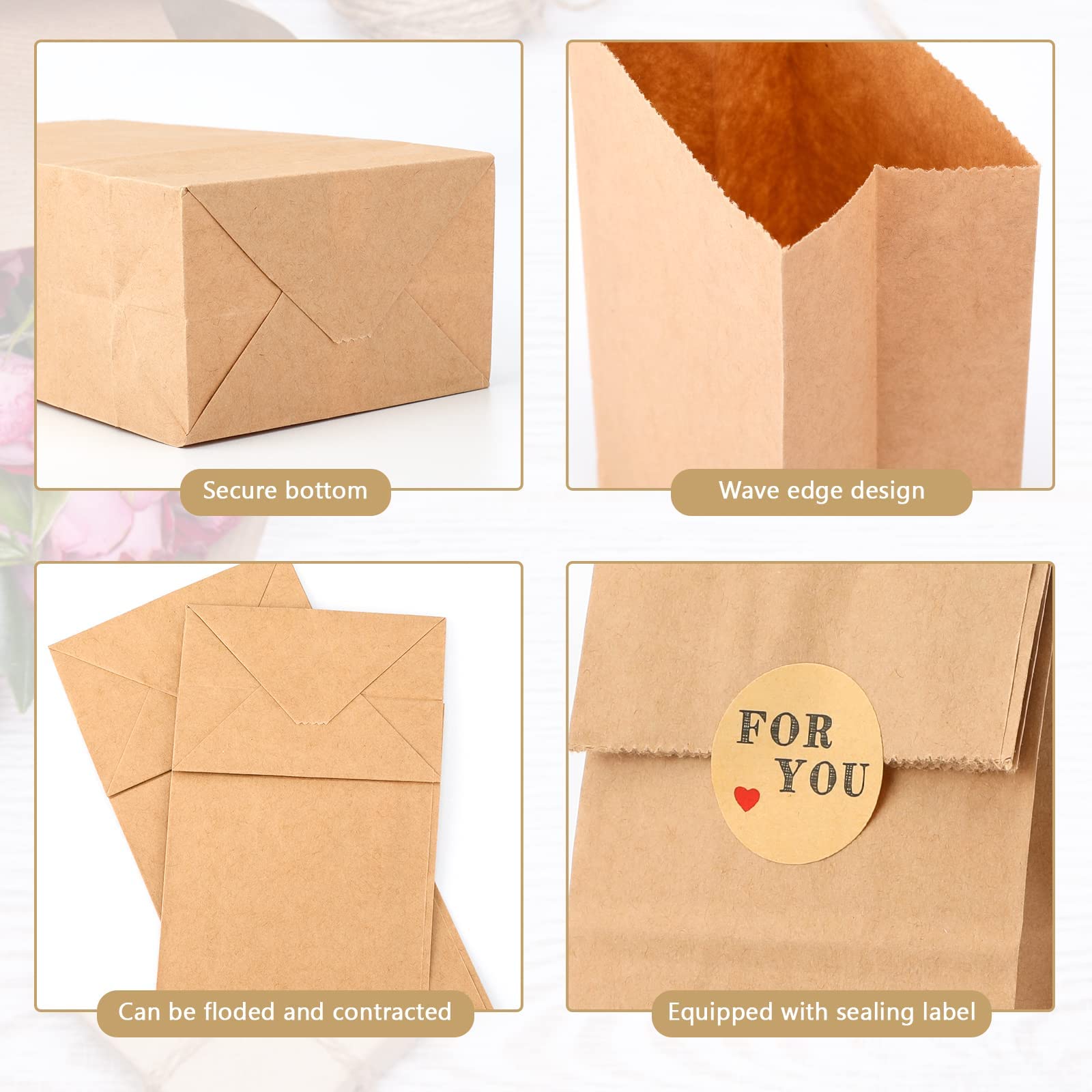 joycraft 100 Count Brown Paper Bags, 1lb Mini Kraft Paper Bags, Square Bottom Stand Up Bags Bulk with 108Pcs Stickers, Grocery Bags for Party Favor, Snacks, Crafts, Small Business 3.5"x2.3"x7"