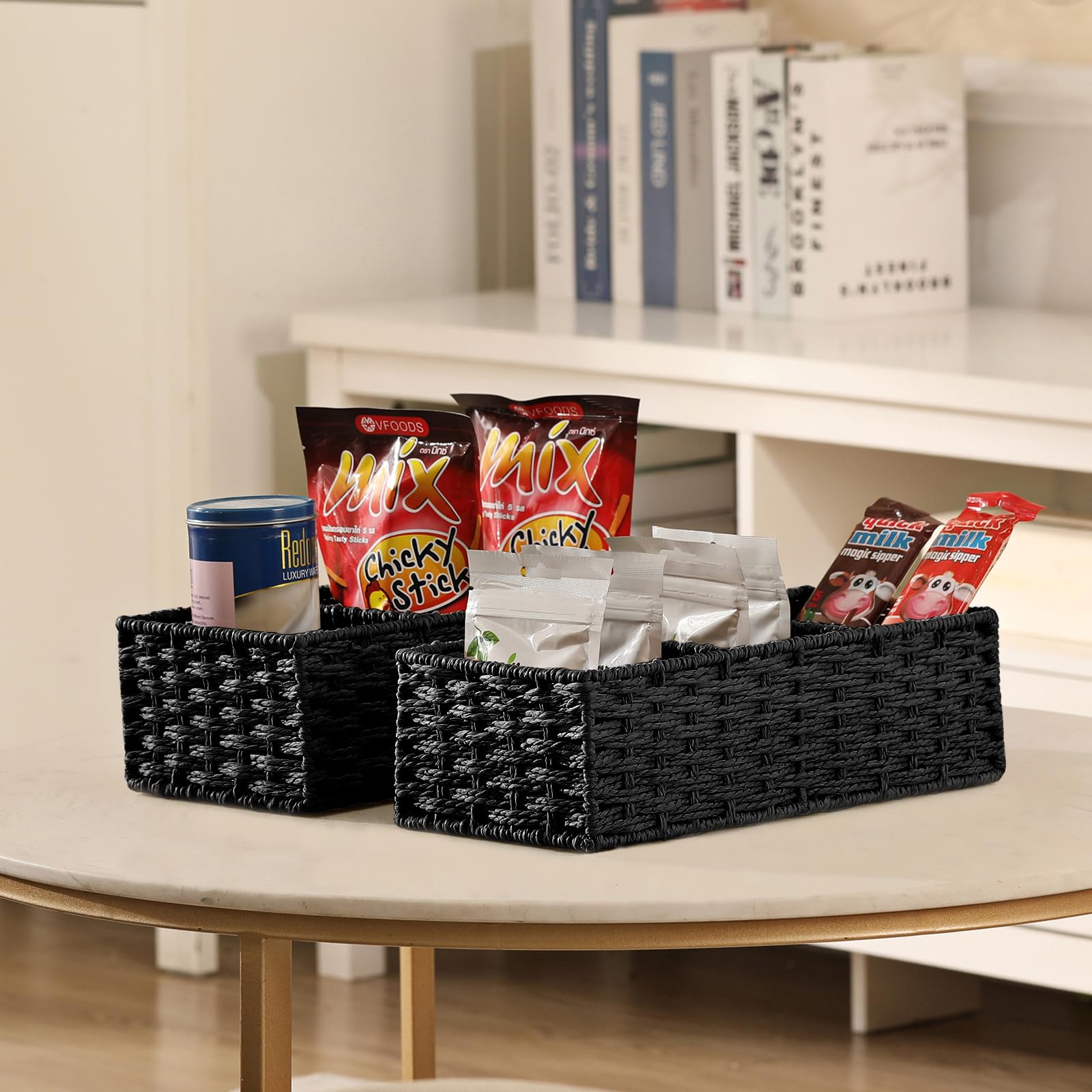 Vagusicc 3-Section Wicker Storage Basket, Hand-Woven Paper Rope Wicker Baskets for Organizing, Toilet Tank Basket, Black Baskets for Bathroom, 2-Pack, Black