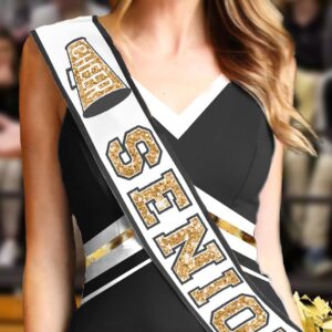 Senior Cheer Sash - Ribbon Edge Gold Sparkle with Black Outline Cheer Senior White PREMIUM GRADE SATIN Sash - High School Cheerleader Squad Supplies (RbnCheer GLD w/BLK) WHT