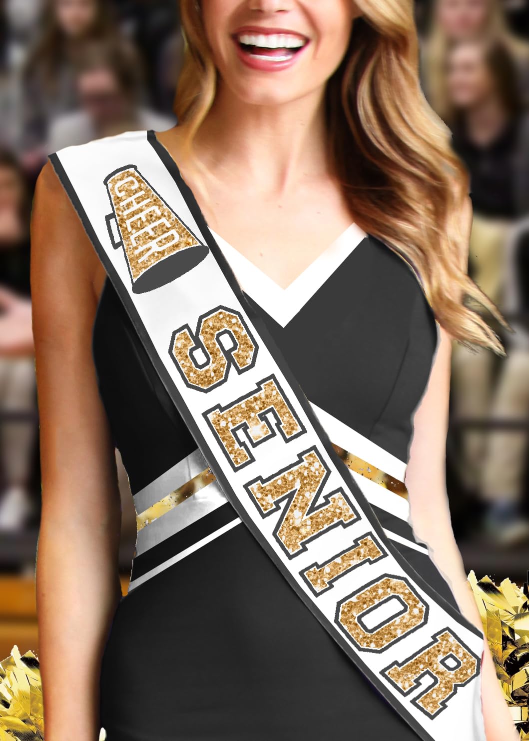 Senior Cheer Sash - Ribbon Edge Gold Sparkle with Black Outline Cheer Senior White PREMIUM GRADE SATIN Sash - High School Cheerleader Squad Supplies (RbnCheer GLD w/BLK) WHT