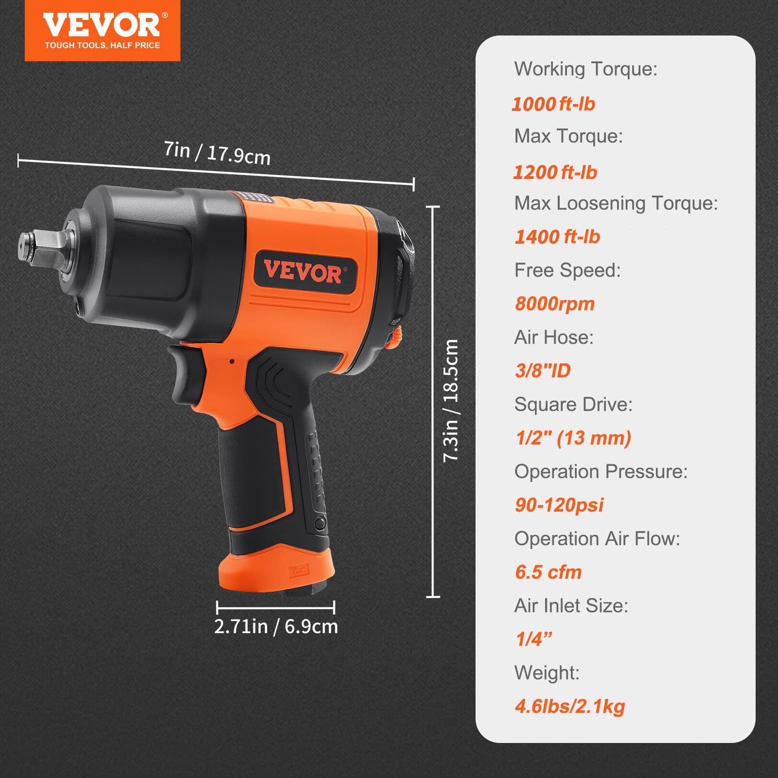 VEVOR 1/2-Inch Air Impact Wrench - High Torque 1400 ft-lbs - Lightweight 4.6 lb - Includes 11-Piece CR-V Steel Impact Socket Set & Carrying Case