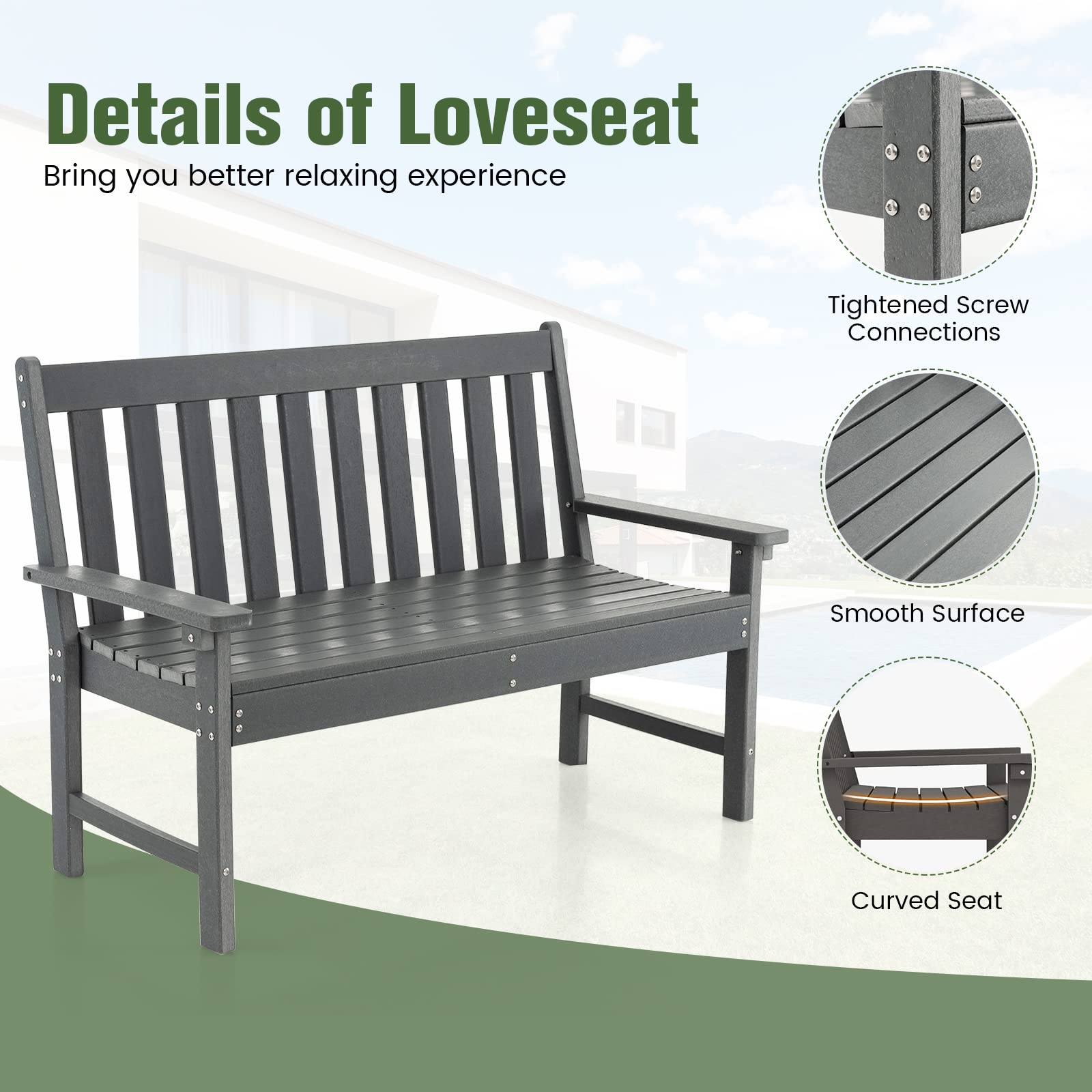 Tangkula 2-Person Outdoor Garden Park Bench, All-Weather HDPE Patio Loveseat Chair with Cozy Backrest, Ergonomic Loveseat Bench for Backyard, Poolside, Front Porch, 705 lbs Max Load