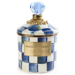 mackenzie-childs royal check enamel canister, blue-and-white kitchen storage container with lid, demi