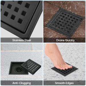 TICONN 4.33'' Square Floor Shower Drain, Lattice Square Perforated Pattern Easy Cleaning Removable Grate, Rustproof SUS 304 Stainless Steel (Matte Black, 4.33'')