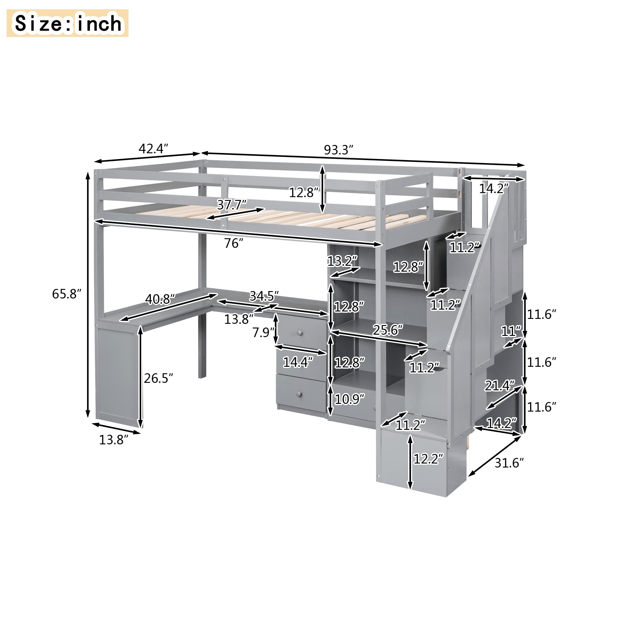 Twin Size Loft Bed with Staircase and L-Shaped Desk, Wooden Loft Bed with Storage Shelves and Drawers, Twin Loft Bunk Bed Frame for Kids Boys Girls Teens, No Box Spring Needed (Gray)