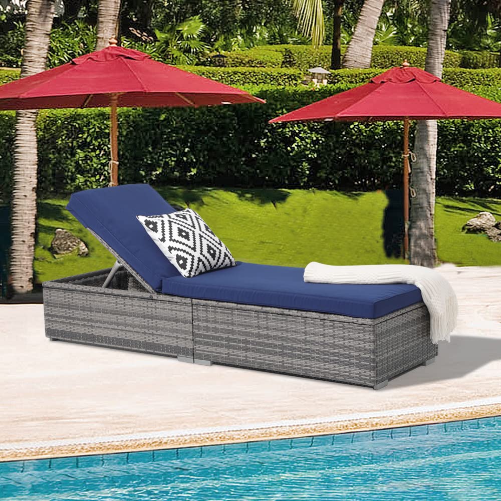 Patiorama Outdoor Patio Chaise Lounge Chair, Elegant Reclining Adjustable Pool Rattan Chaise Lounge Chair with Navy Blue Cushion, Grey PE Wicker, Steel Frame