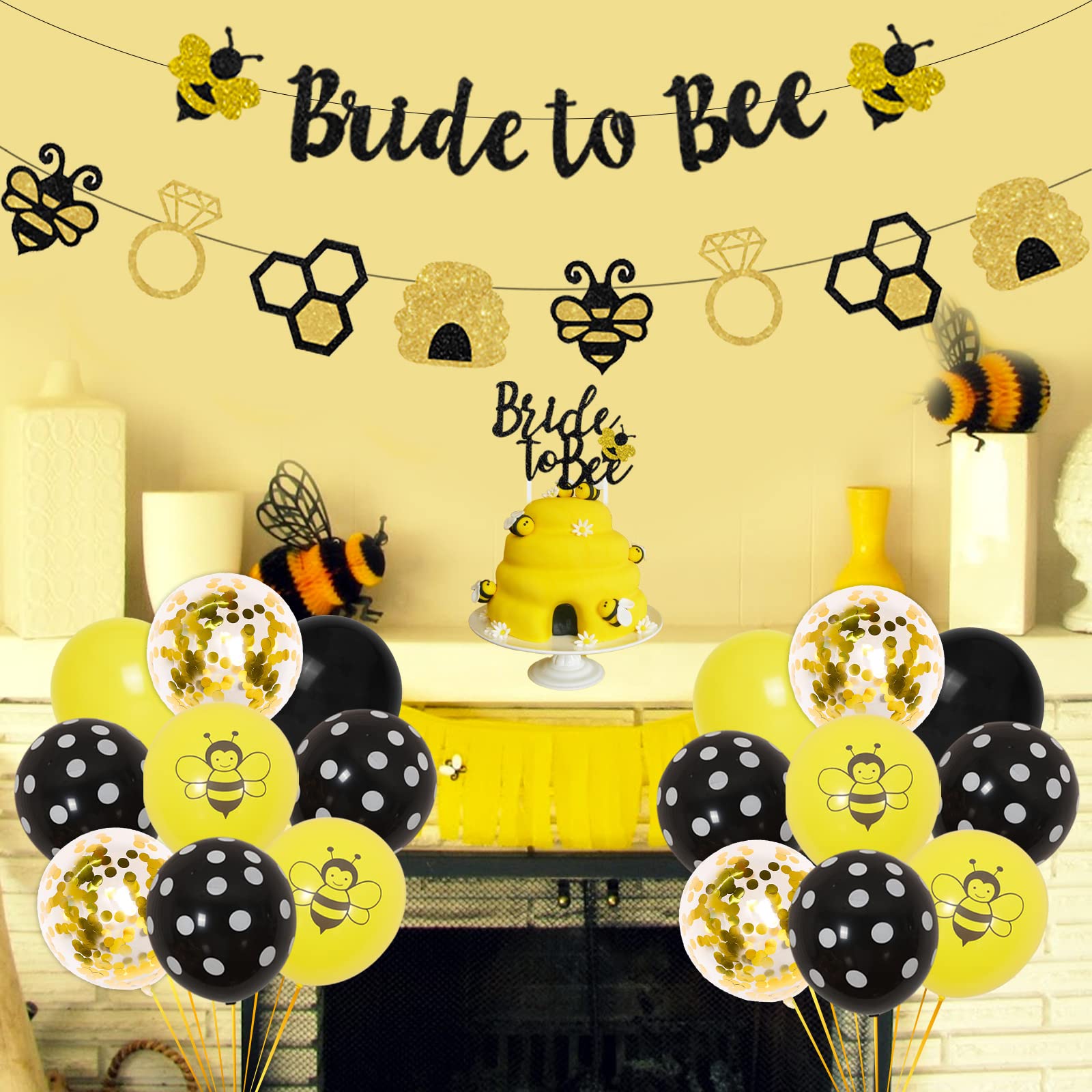 Bride to Bee Bridal Shower Decorations - Bride to Bee Banner Cake & Cupcake Topper, Black and Yellow Confetti Balloons, Garland for Bee Themed Bachelorette, Engagement, Wedding Party Supplies