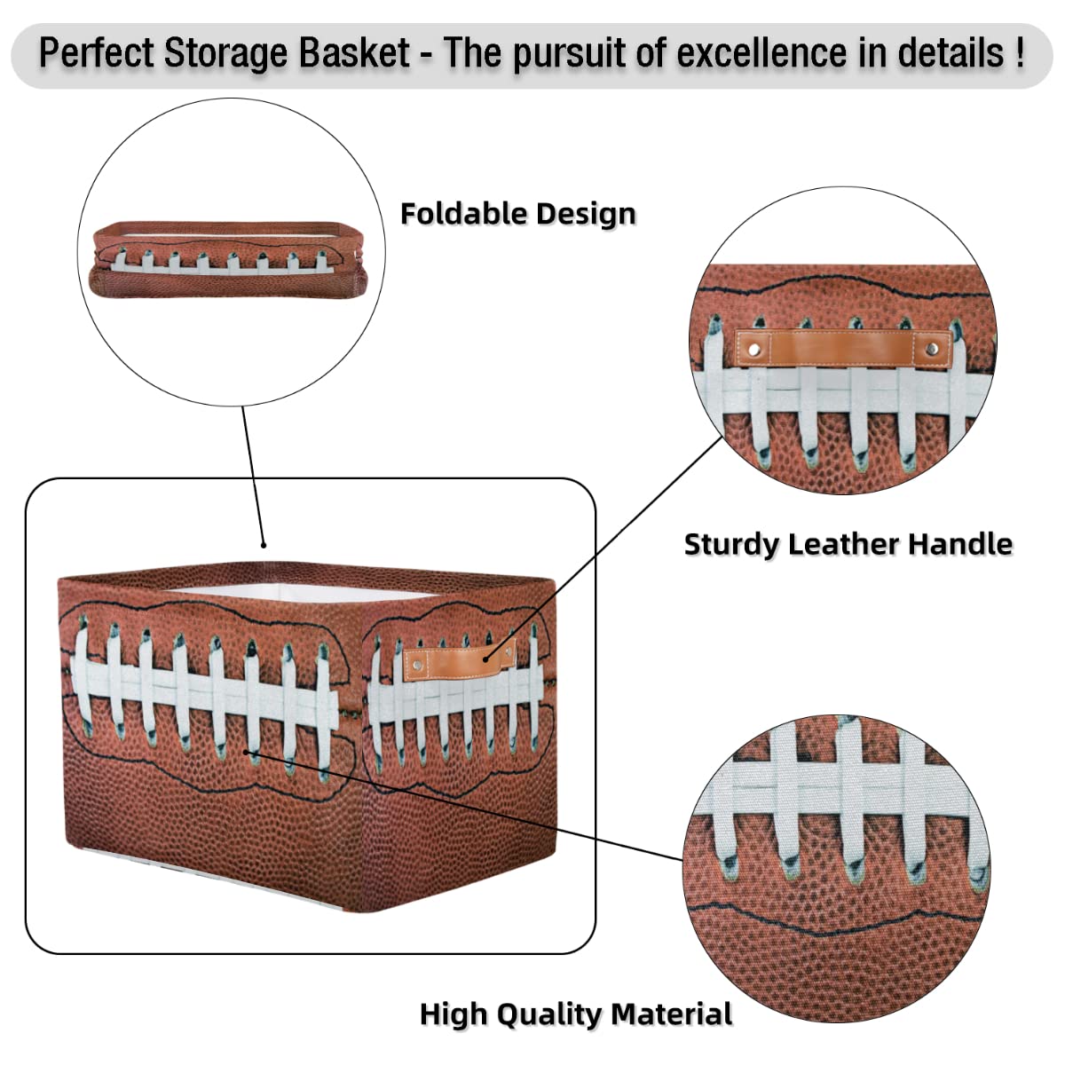 American Football Laces Storage Basket Cube Sport Ball Large Toys Storage Box Bin with Handle Collapsible Closet Shelf Cloth Organizer for Nursery Bedroom,15x11x9.5 in,1 Pack