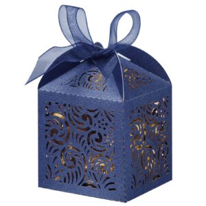 COTOPHER 100Pcs Laser Cut Favor Boxes, 2x2x2.75in Small Gift Boxes for Presents, Party Wedding Favors Boxes with Ribbon, Mini Candy Boxes for Event Bridal Shower Anniversary Birthday Christmas, Navy