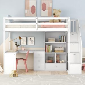 Twin Size Loft Bed with Staircase and L-Shaped Desk, Wooden Loft Bed with Storage Shelves and Drawers, Twin Loft Bunk Bed Frame for Kids Boys Girls Teens, No Box Spring Needed (White)