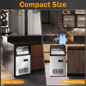 Commercial Ice Maker Machine, 140Lbs/24 with 2 Water Inlet Modes, 45Pcs Ice Cubes 8 Mins, 15" Stainless Steel Under Counter/Freestanding Ice Machine with 35Lbs Storage Bin for Home/Shop/Office/Bar