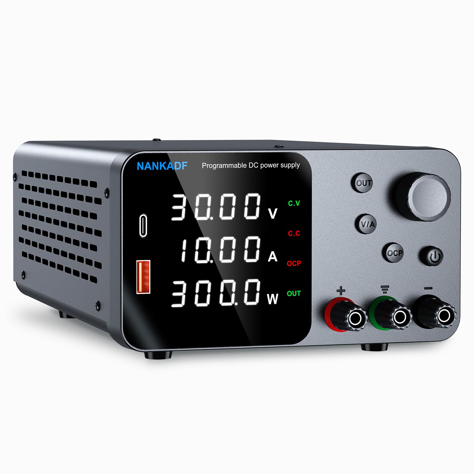 DC Power Supply, 30V 10A Bench Power Supply with Encoder Adjustment, 5V/3.6A USB&Type-C Quick-Charge, Variable Power Supply with Output Enable/Disable Button, Short Circuit Alarm (0-30V 0-10A)