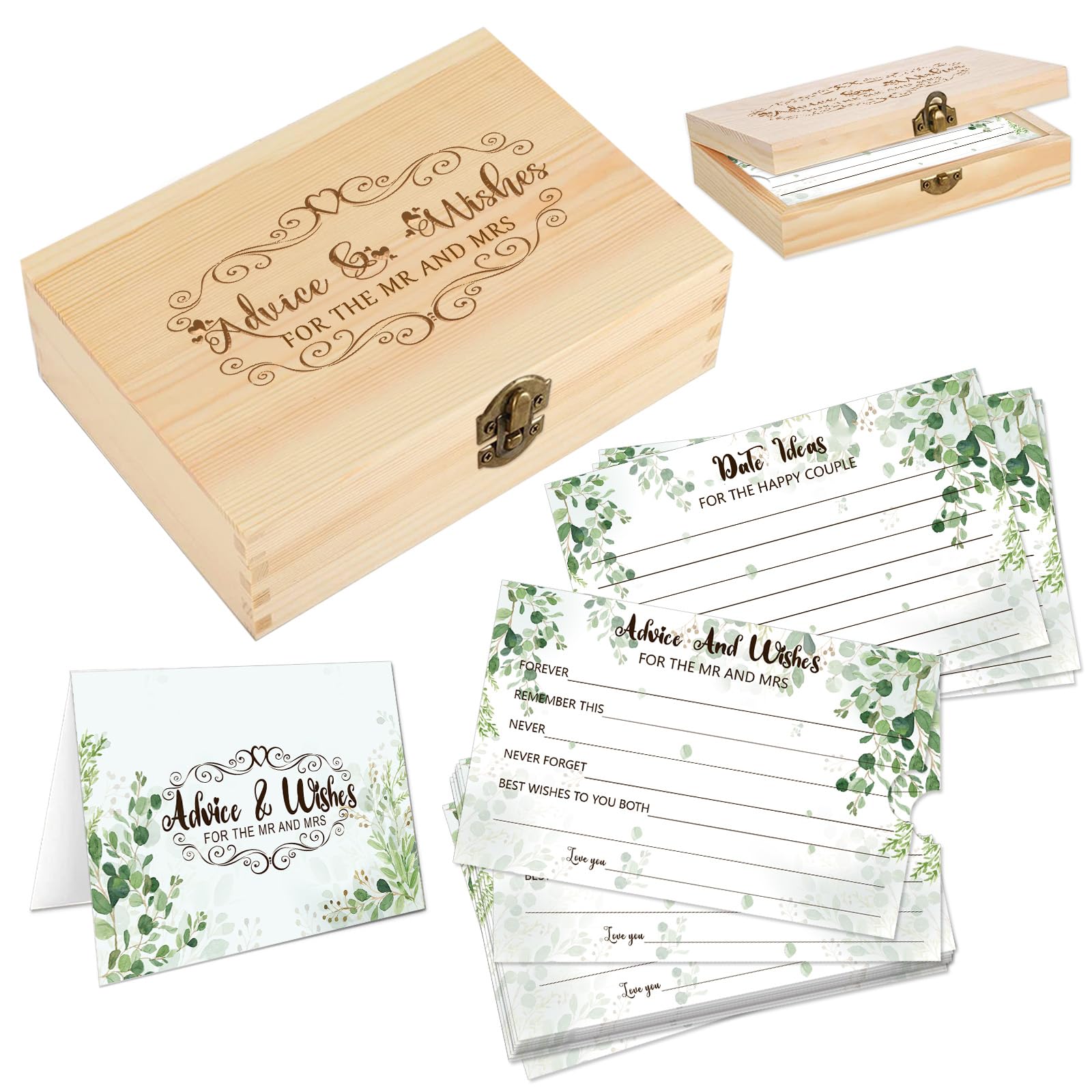 1DFAUL 60Pcs Bridal Shower Advice Cards, Greenery Advice and Wishes for the Mr and Mrs, Advice Cards for Bride and Groom Wood Box Kit for Bridal Shower Games Wedding Decorations