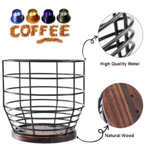 Yangbaga 2pcs Coffee Pod Holder ,Large Capacity Black Wire K cup Holder with Wooden Base,Modern Coffee Basket Coffee Bar Decor for Coffee Station for espresso Pods & Capsules，Fruit Snack Storage