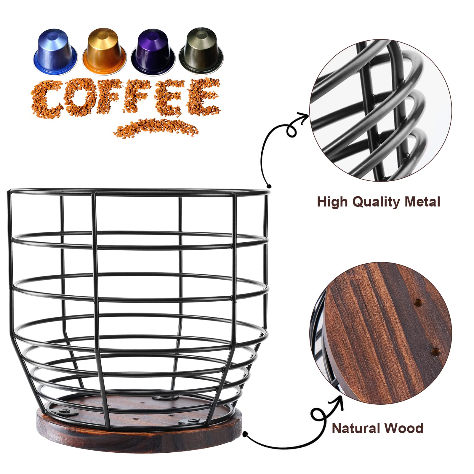 Yangbaga 2pcs Coffee Pod Holder ,Large Capacity Black Wire K cup Holder with Wooden Base,Modern Coffee Basket Coffee Bar Decor for Coffee Station for espresso Pods & Capsules，Fruit Snack Storage