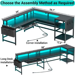 SEDETA L Shaped Gaming Desk, Reversible Computer Desk, Gaming Desk with Power Outlets & LED Strip, Monitor Shelf, Keyboard Tray, Pegboard and Storage Shelves for Home Office, Black