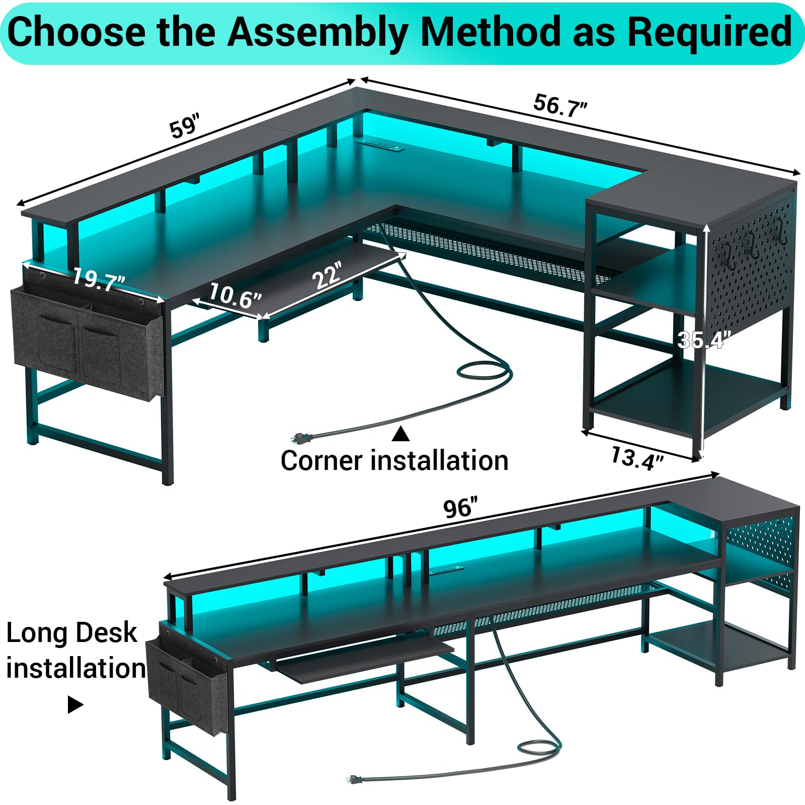 SEDETA L Shaped Gaming Desk, Reversible Computer Desk, Gaming Desk with Power Outlets & LED Strip, Monitor Shelf, Keyboard Tray, Pegboard and Storage Shelves for Home Office, Black