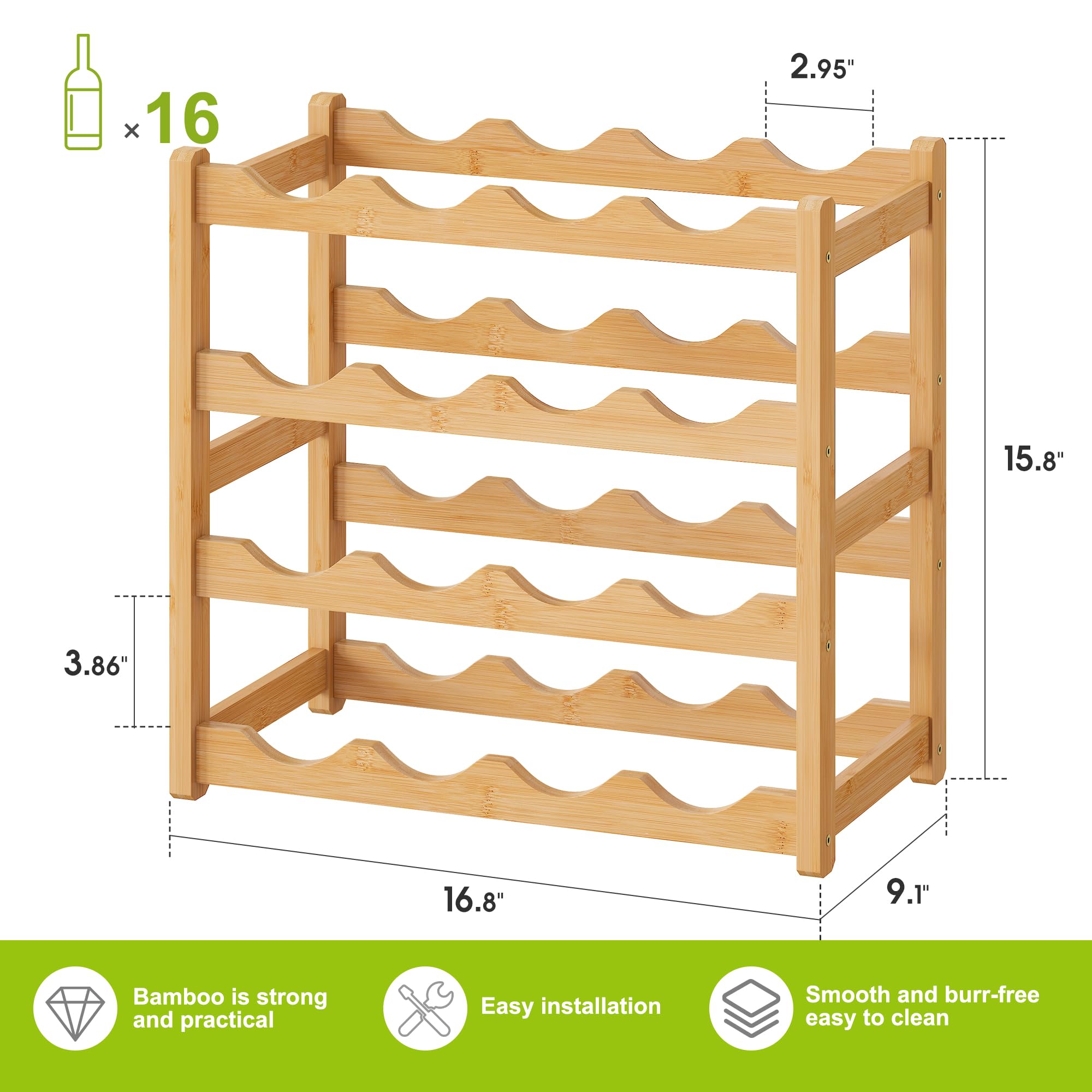 BMOSU Bamboo Wine Rack Wine Storage Cabinet Shelf 16 Bottle Wine Racks Countertop Sturdy for Kitchen Dining Room Pantry - 4 Tiers Wine Rack(Natural)