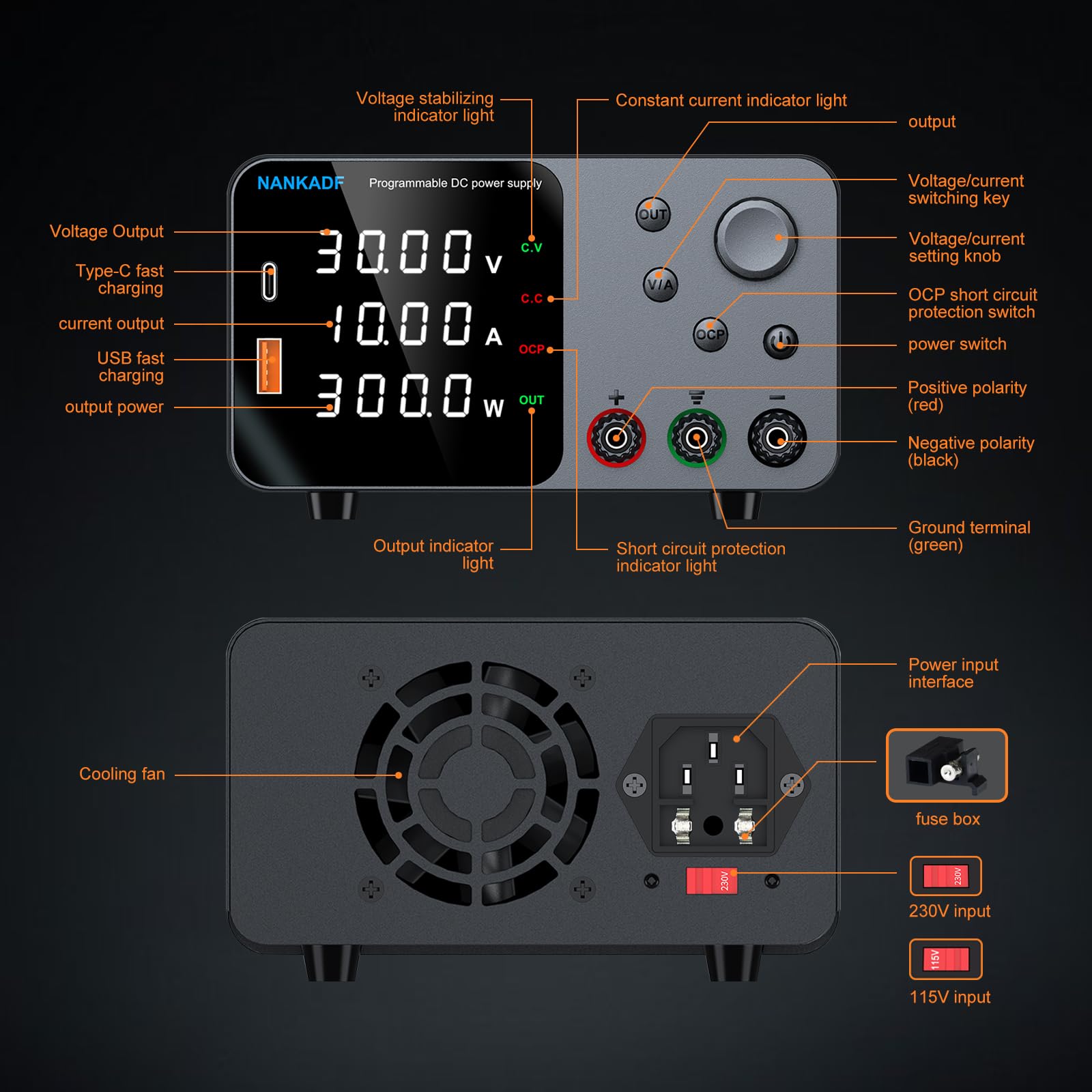 DC Power Supply, 30V 10A Bench Power Supply with Encoder Adjustment, 5V/3.6A USB&Type-C Quick-Charge, Variable Power Supply with Output Enable/Disable Button, Short Circuit Alarm (0-30V 0-10A)