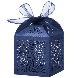 COTOPHER 100Pcs Laser Cut Favor Boxes, 2x2x2.75in Small Gift Boxes for Presents, Party Wedding Favors Boxes with Ribbon, Mini Candy Boxes for Event Bridal Shower Anniversary Birthday Christmas, Navy