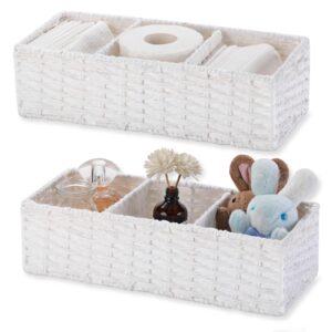 vagusicc 3-section wicker baskets for shelves, hand-woven paper rope wicker storage basket, toilet paper basket for toilet tank top, baskets for organizing, 2-pack, white