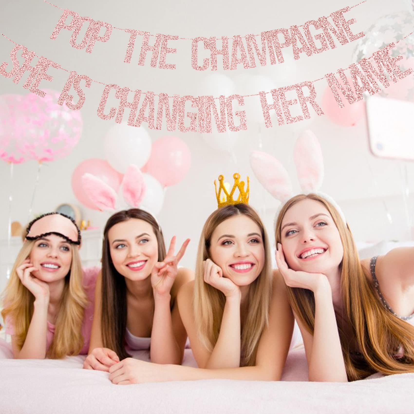 Pop The Champagne She Is Changing Her Name Banner, Rose Gold Glitter Bachelorette Party Decorations Pre-strung Signs, Engagement Party Supplies, Wedding Brunch & Bridal Shower Décor