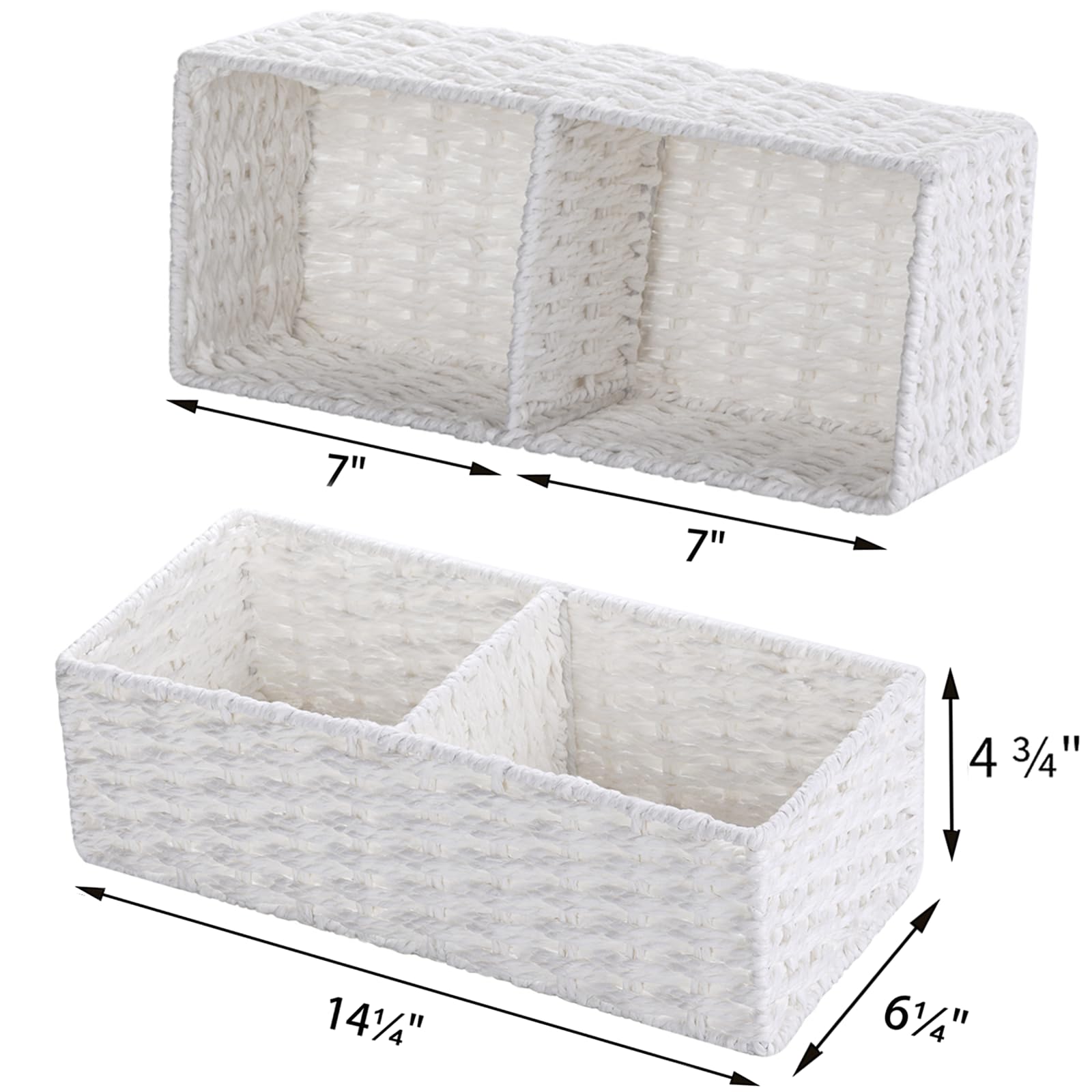 Vagusicc 2-Section Wicker Storage Basket, Hand-Woven Paper Rope Wicker Baskets, Toilet Paper Basket for Toilet Tank Top, Baskets for Organizing, 2-Pack, White