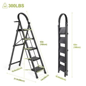 Timati 5 Step Ladder, Folding Step Stool, Wide Steps with Handrail Anti-Slip Step Ladder with Handgrip, Sturdy Steel Ladder, Lightweight and Portable Step Ladder for Home, Library, Office, Garage