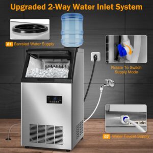 Commercial Ice Maker Machine, 140Lbs/24 with 2 Water Inlet Modes, 45Pcs Ice Cubes 8 Mins, 15" Stainless Steel Under Counter/Freestanding Ice Machine with 35Lbs Storage Bin for Home/Shop/Office/Bar