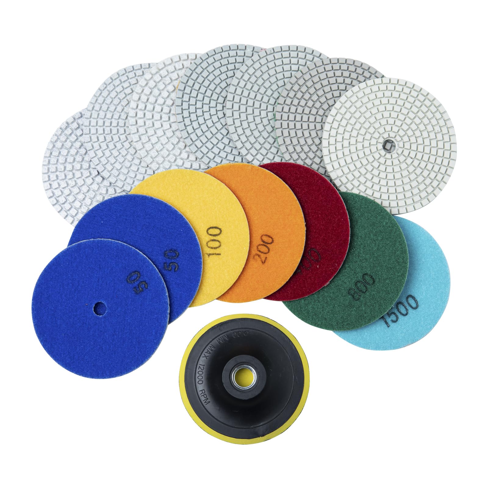 SSATISCN 4 Inch Diamond Polishing Pads with 5/8’’-11 Backer Pad 8PCS Wet/Dry Polish Pad Kit 50-1500 Grit for Tile Granite Marble Concrete Polishing