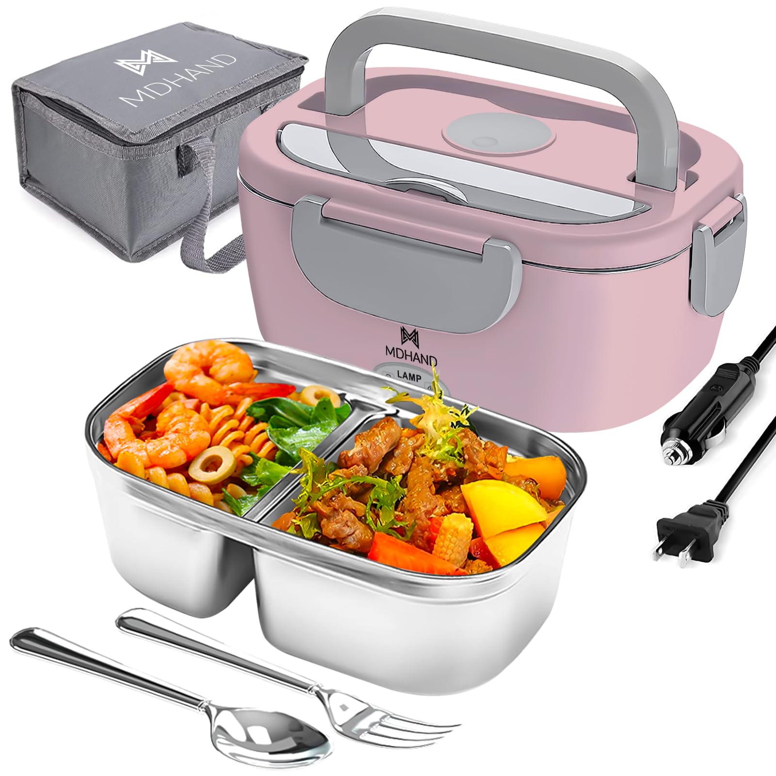 MDHAND Electric Lunch Box Food Heater, 65W Faster Heated Lunch Box, Food Warmer Lunch Box 110V/12V/24V Self Heating Lunch Box for Work/Car/Outdoors, Portable Heated Lunch Box for Adult with Lunch Bag